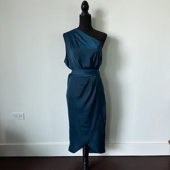 One-Shoulder Teal Blue Satin Dress - Picture 1 of 7